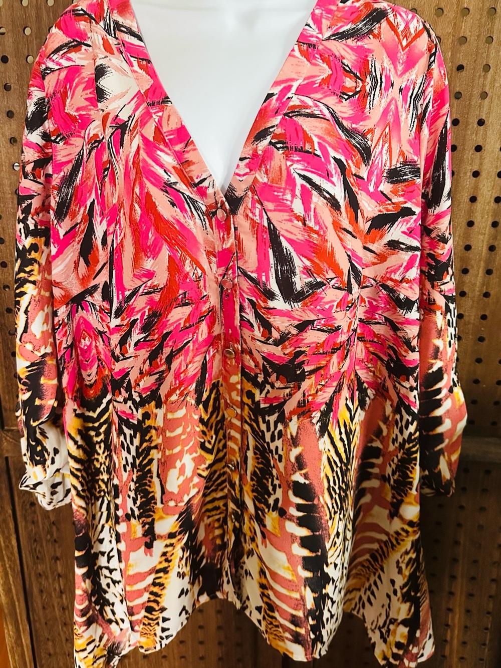 new directions V-Neck Printed Tunic in Pink, Orange, Black